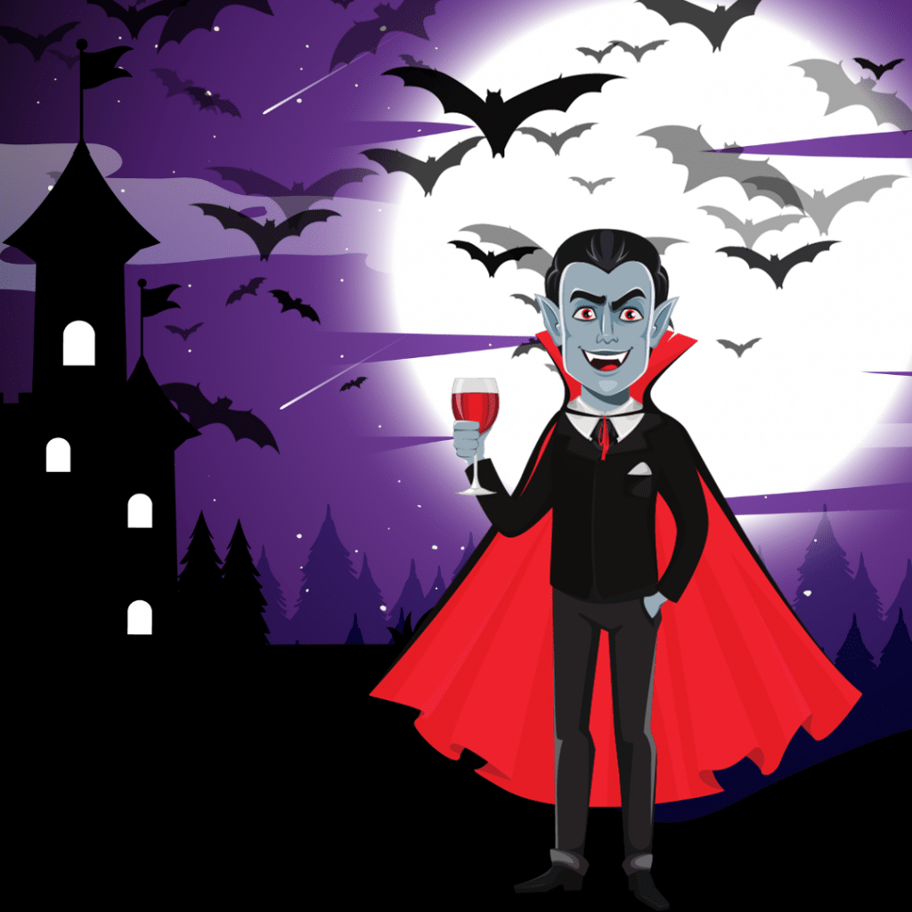 graphic of vampire in front of a full moon with bats and a haunted house