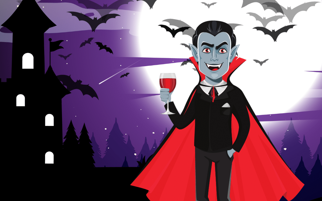 Illustration of a vampire in front of a full moon with bats and a haunted house, representing emotional vampires in divorce