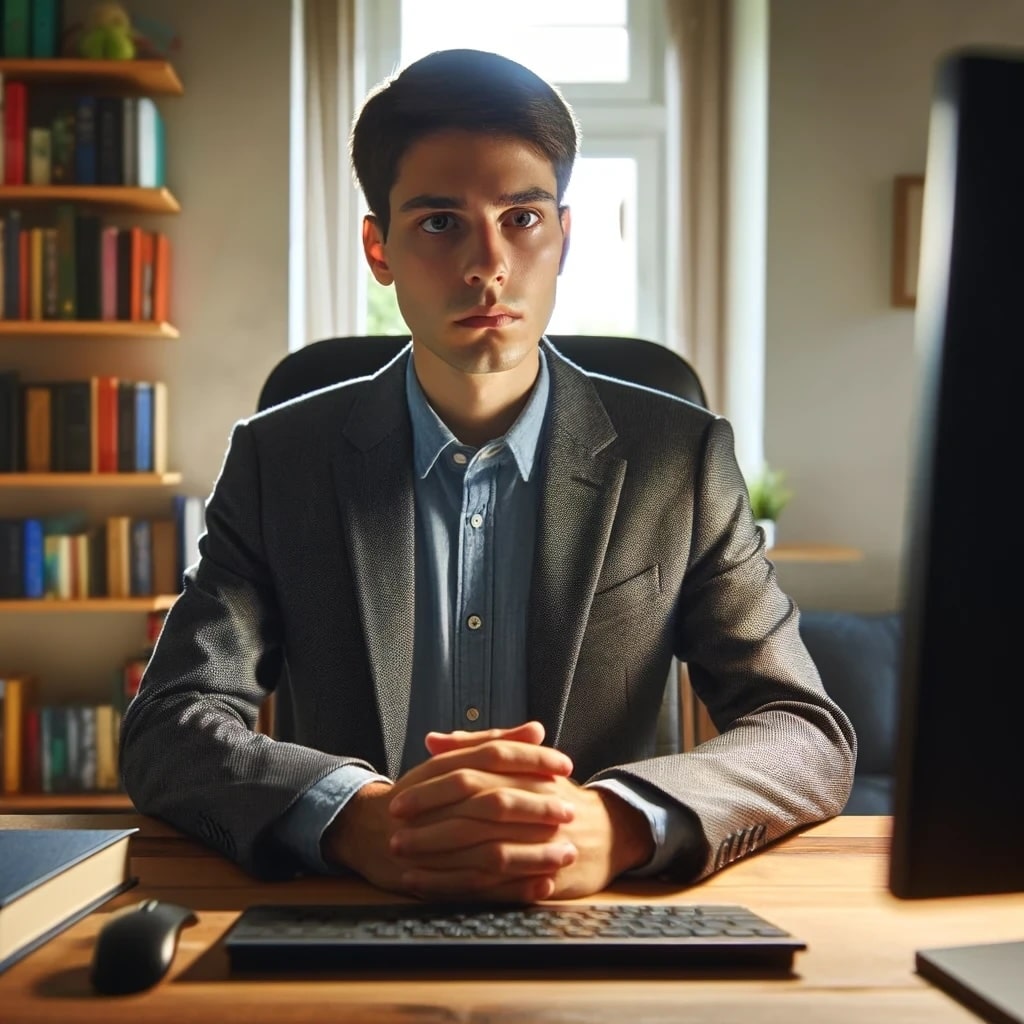 Man in a business suit sits with hands clasped looking seriously at computer screen. Image is AI-generated.